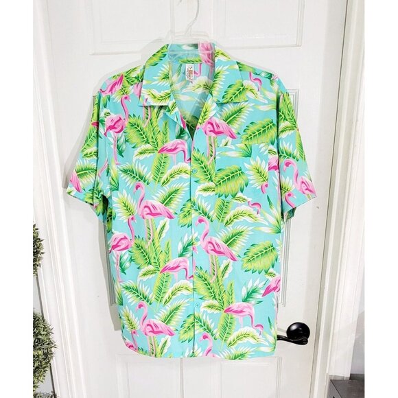 India Boutique Mens Turquoise Pink Flamingo Hawaiian Shirts Short Sleeve Size L - Picture 3 of 10
